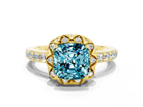 Yellow gold Cushion Cut Diamond Solitaire Ring with Shared Prong Pavé Band