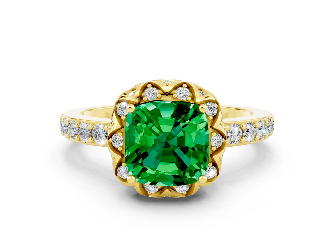 Yellow gold Cushion Cut Diamond Solitaire Ring with Shared Prong Pavé Band