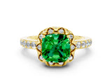 Yellow gold Cushion Cut Diamond Solitaire Ring with Shared Prong Pavé Band