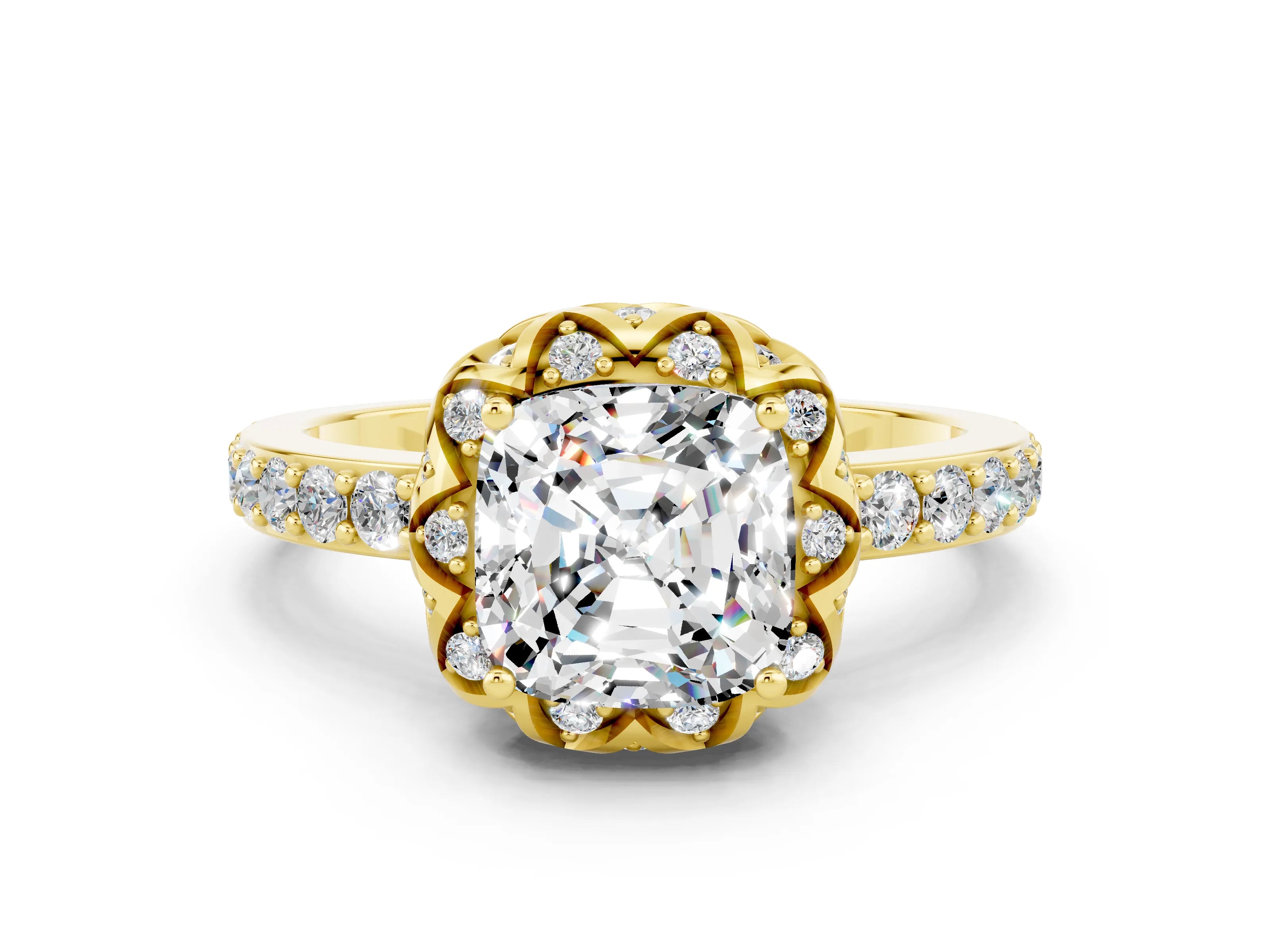 Yellow gold Cushion Cut Diamond Solitaire Ring with Shared Prong Pavé Band