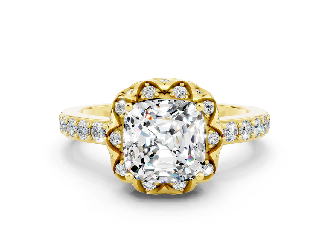 Yellow gold Cushion Cut Diamond Solitaire Ring with Shared Prong Pavé Band