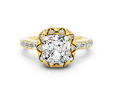 Yellow gold Cushion Cut Diamond Solitaire Ring with Shared Prong Pavé Band