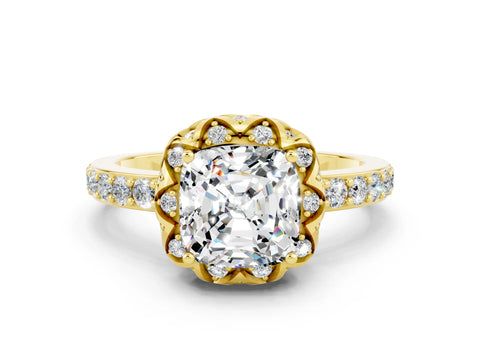Yellow gold Cushion Cut Diamond Solitaire Ring with Shared Prong Pavé Band