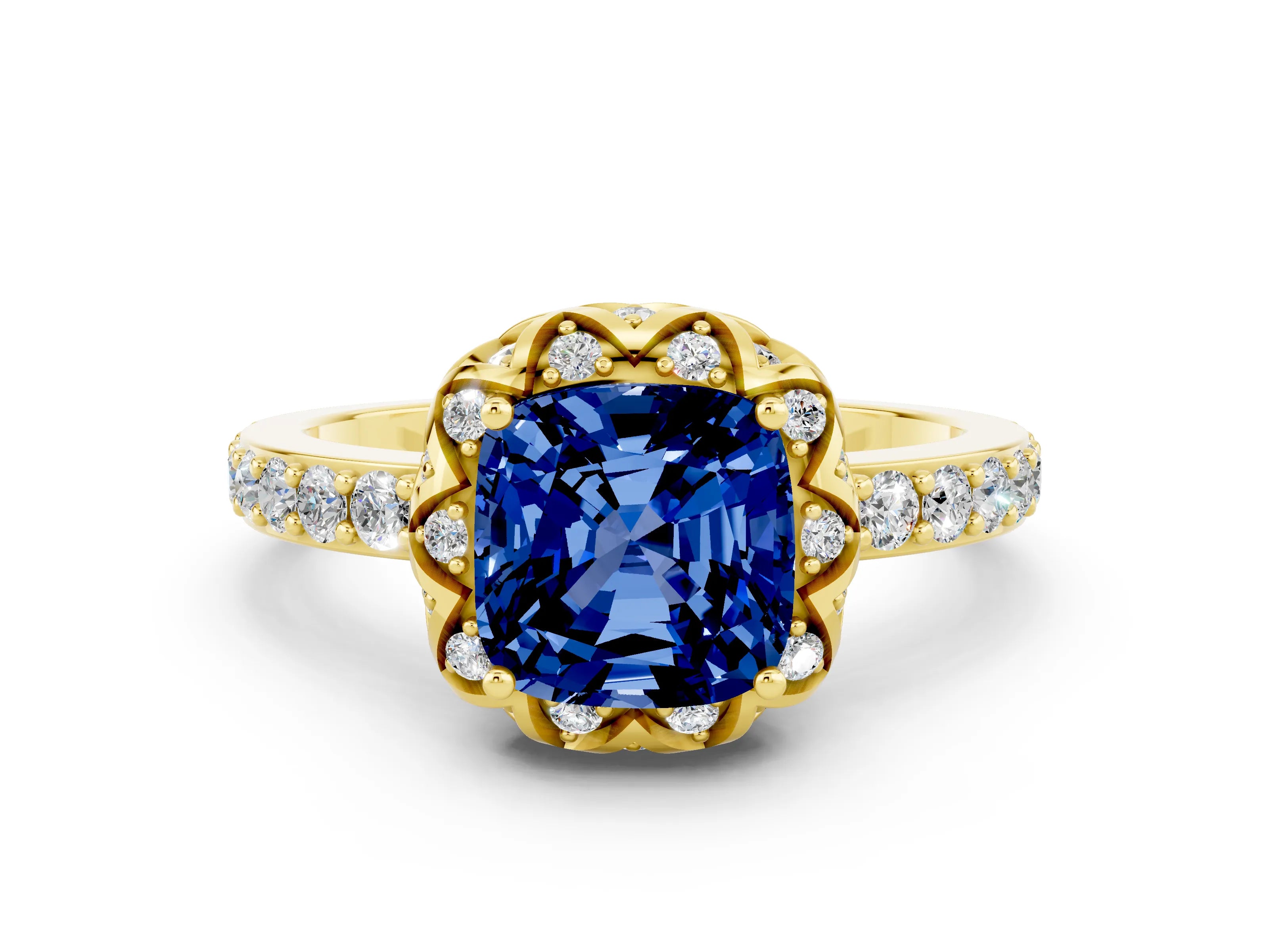 Yellow gold Cushion Cut Diamond Solitaire Ring with Shared Prong Pavé Band