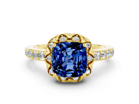 Yellow gold Cushion Cut Diamond Solitaire Ring with Shared Prong Pavé Band