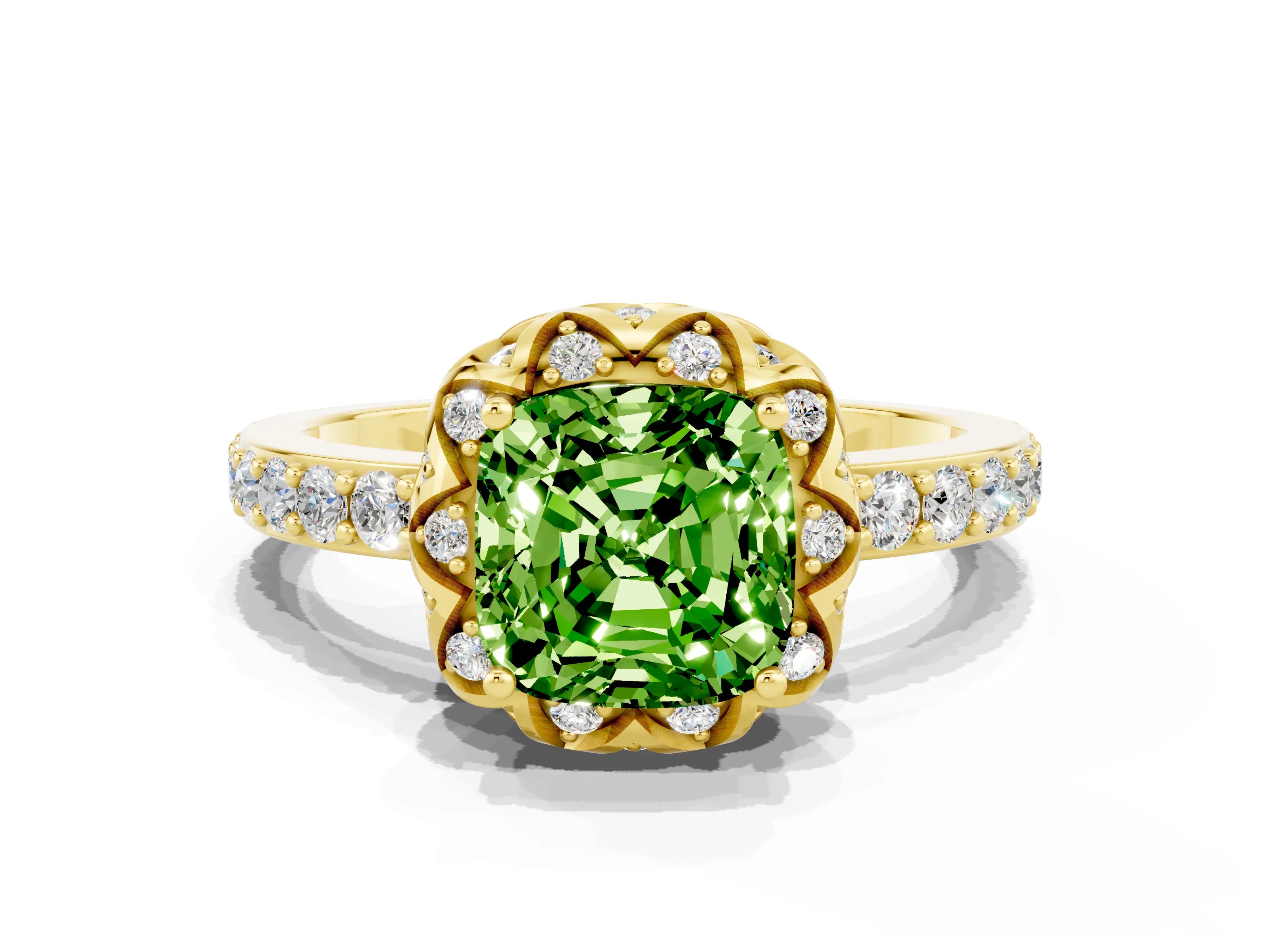 Yellow gold Cushion Cut Diamond Solitaire Ring with Shared Prong Pavé Band