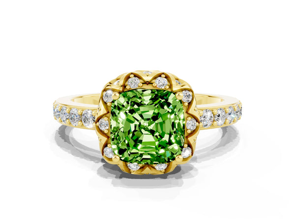 Yellow gold Cushion Cut Diamond Solitaire Ring with Shared Prong Pavé Band