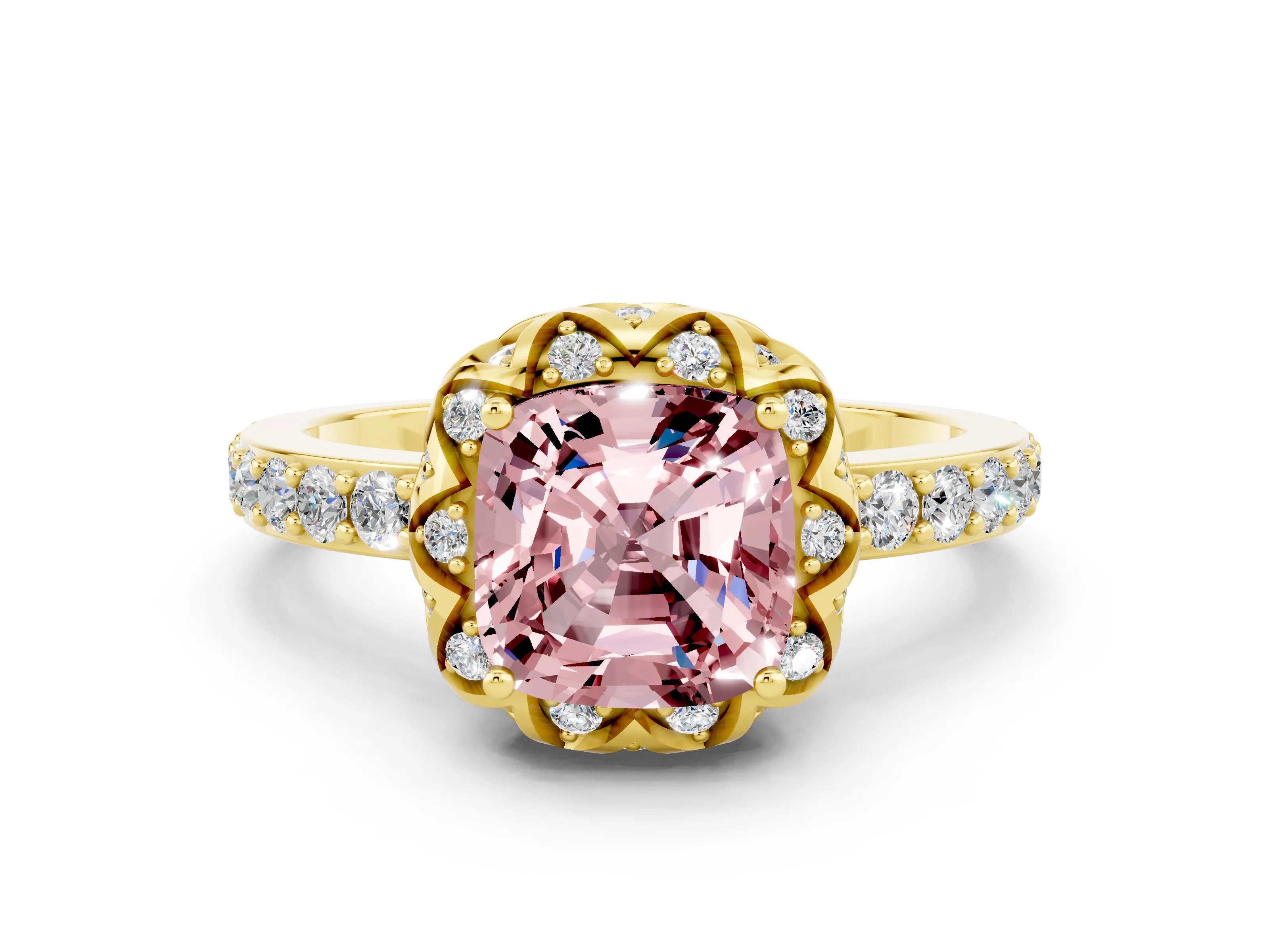 Yellow gold Cushion Cut Diamond Solitaire Ring with Shared Prong Pavé Band