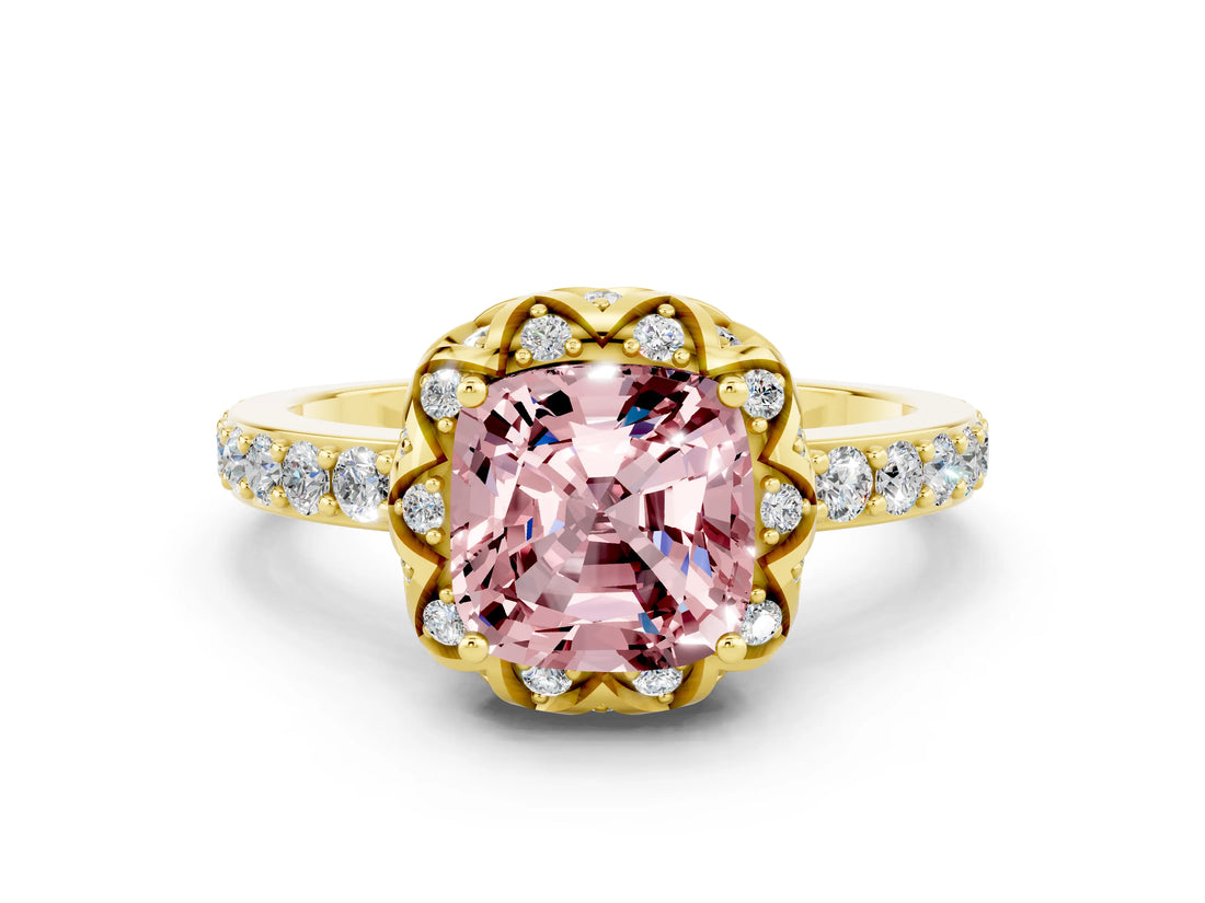Yellow gold Cushion Cut Diamond Solitaire Ring with Shared Prong Pavé Band