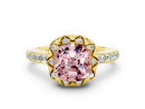 Yellow gold Cushion Cut Diamond Solitaire Ring with Shared Prong Pavé Band
