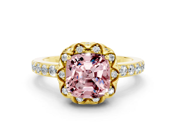 Yellow gold Cushion Cut Diamond Solitaire Ring with Shared Prong Pavé Band