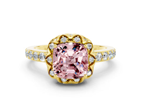 Yellow gold Cushion Cut Diamond Solitaire Ring with Shared Prong Pavé Band