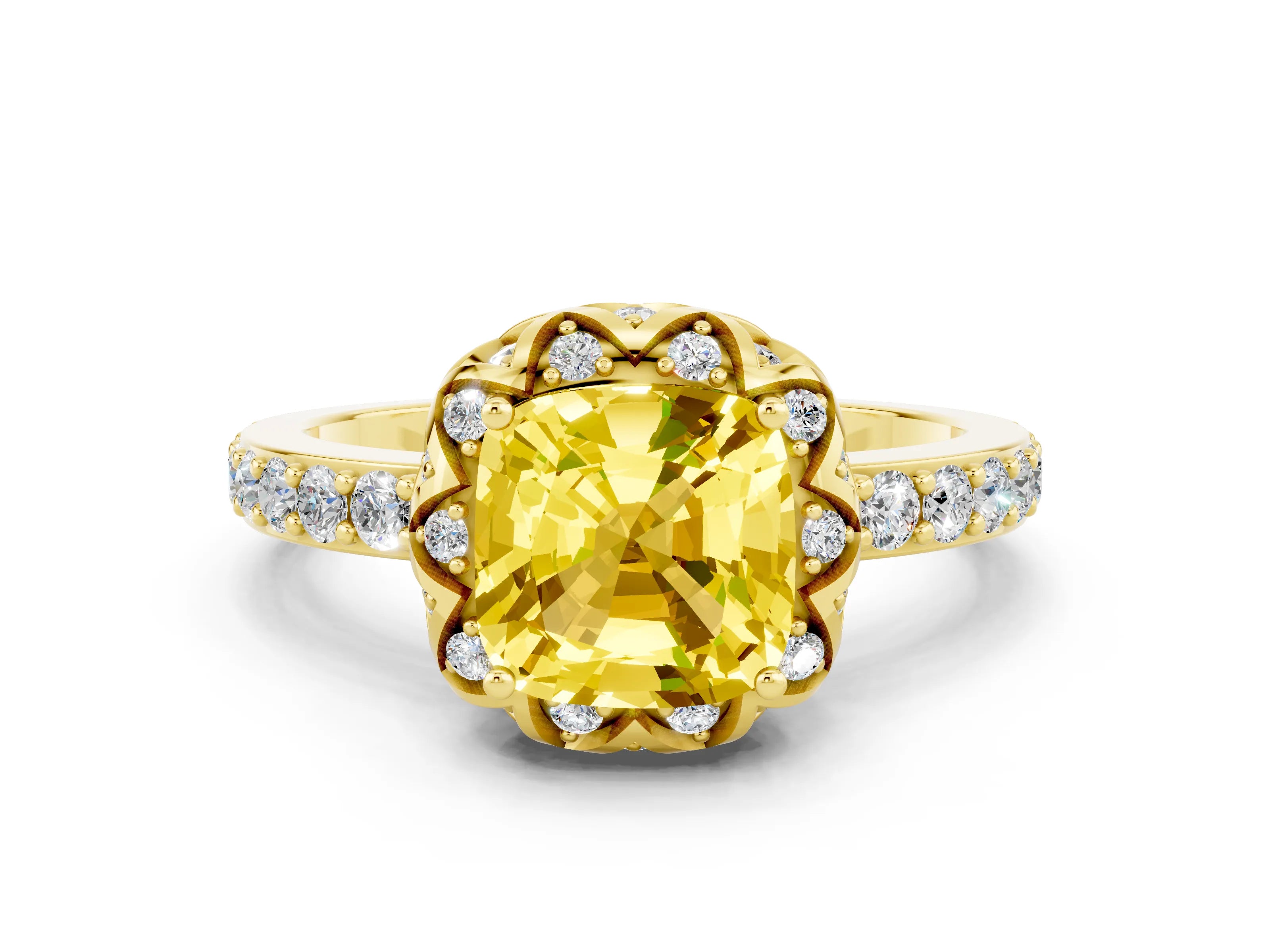 Yellow gold Cushion Cut Diamond Solitaire Ring with Shared Prong Pavé Band