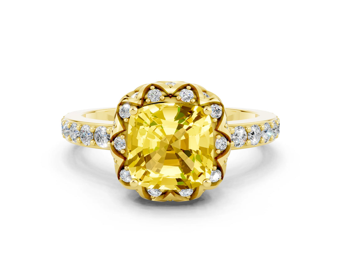 Yellow gold Cushion Cut Diamond Solitaire Ring with Shared Prong Pavé Band