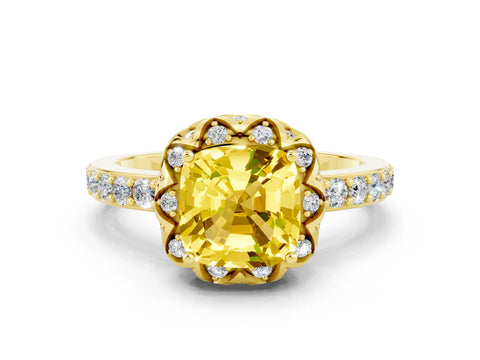 Yellow gold Cushion Cut Diamond Solitaire Ring with Shared Prong Pavé Band