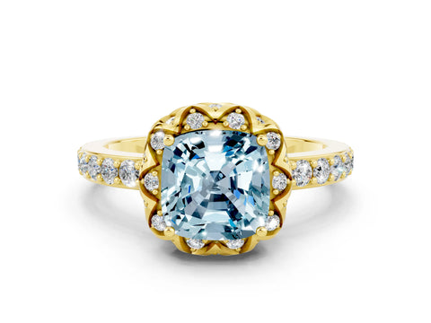 Yellow gold Cushion Cut Diamond Solitaire Ring with Shared Prong Pavé Band