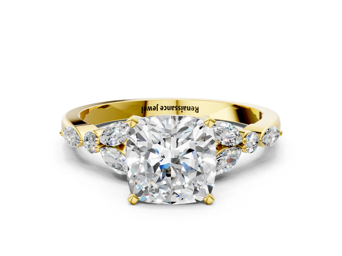 Yellow gold Cushion Cut Diamond Solitaire Ring with Side Stones and Four-Prong Setting_45