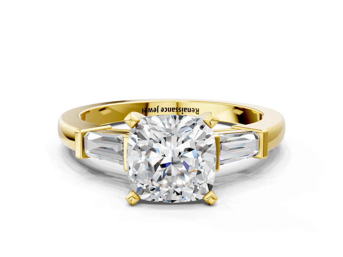 Yellow gold Cushion Cut Diamond Solitaire Ring with Tapered Baguette Accents and Four-Prong Setting_93