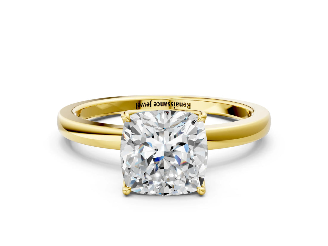 Yellow gold Cushion Cut Diamond Solitaire Ring with Thin Band and Prong Setting_12