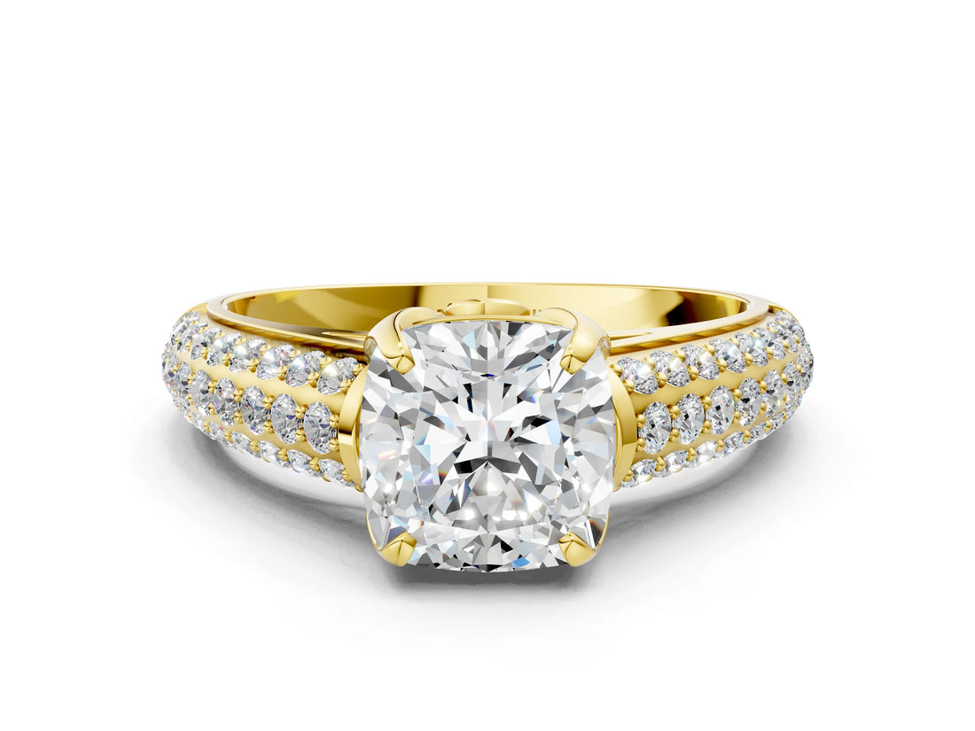 Yellow gold Cushion Cut Diamond Solitaire Ring with Three-Row Pavé Band and Four-Prong Setting_49