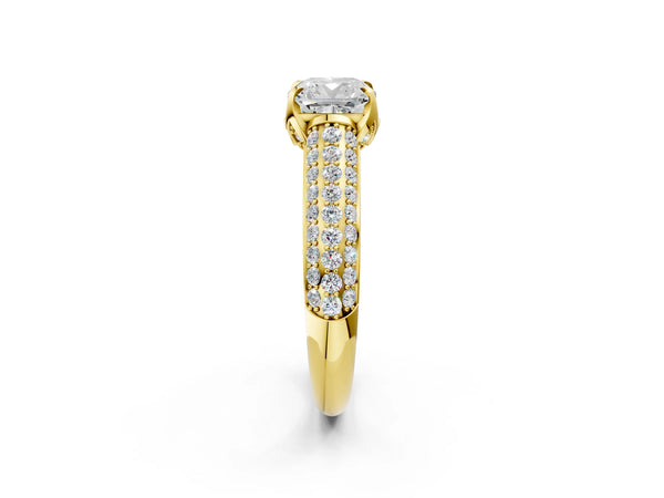 Yellow gold Cushion Cut Diamond Solitaire Ring with Three-Row Pavé Band and Four-Prong Setting