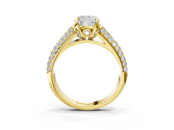 Yellow gold Cushion Cut Diamond Solitaire Ring with Three-Row Pavé Band and Four-Prong Setting