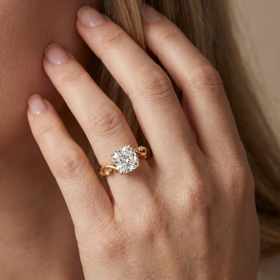 Yellow gold Cushion Cut Diamond Solitaire Ring with Twisted Band and Prong Setting