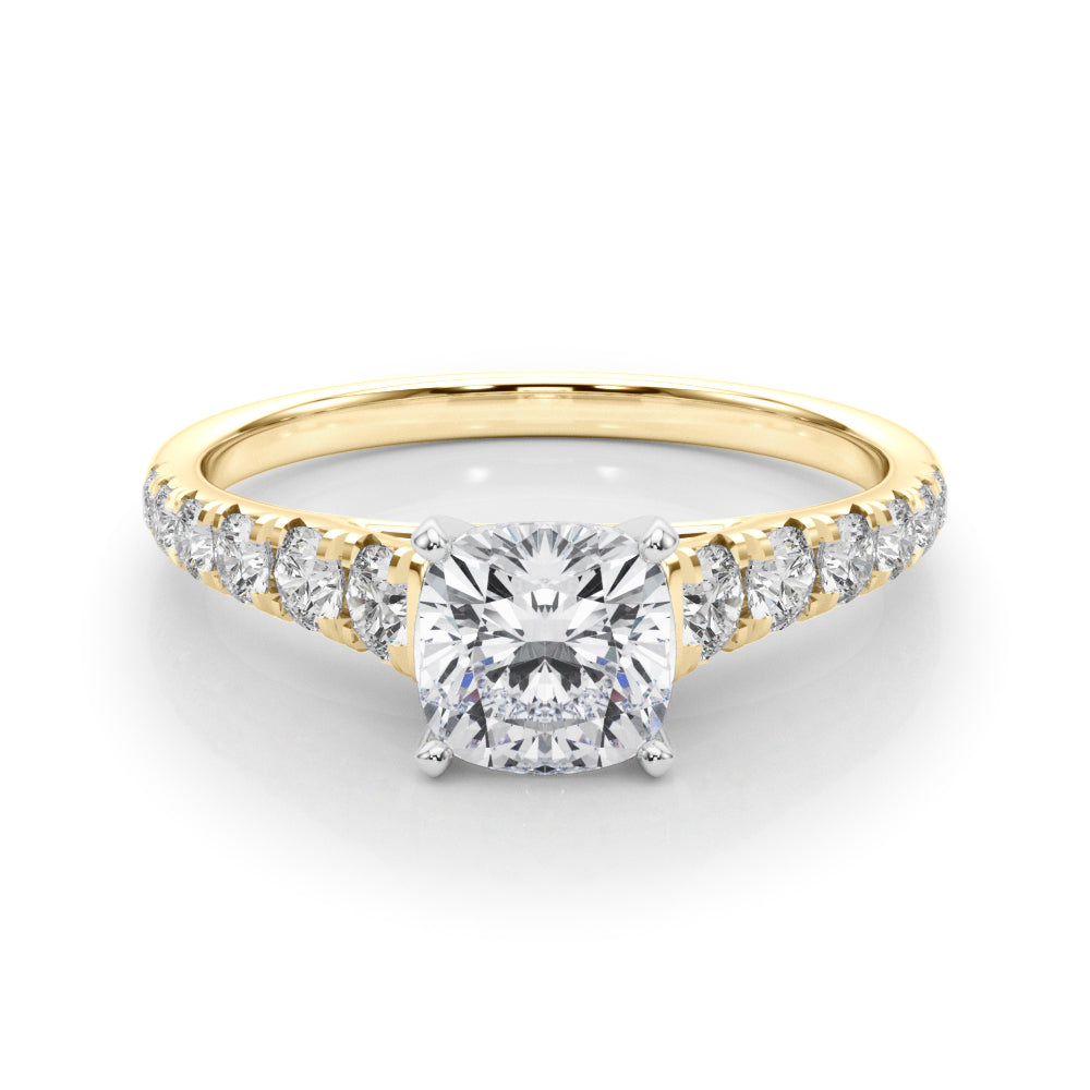 Yellow gold Cushion Cut Diamond Solitaire with Pave Band and Four-Prong Setting 1