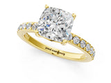 Yellow gold Cushion Cut Diamond Solitaire with Pave Band and Four-Prong Setting 1