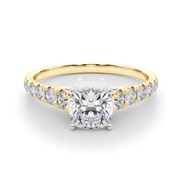 10K Yellow Gold 1.01 Carat D VS1 Cushion Cut Diamond Solitaire with Pave Band and Four-Prong Setting