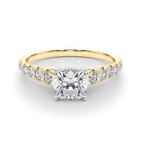 Yellow gold Cushion Cut Diamond Solitaire with Pave Band and Four-Prong Setting 1