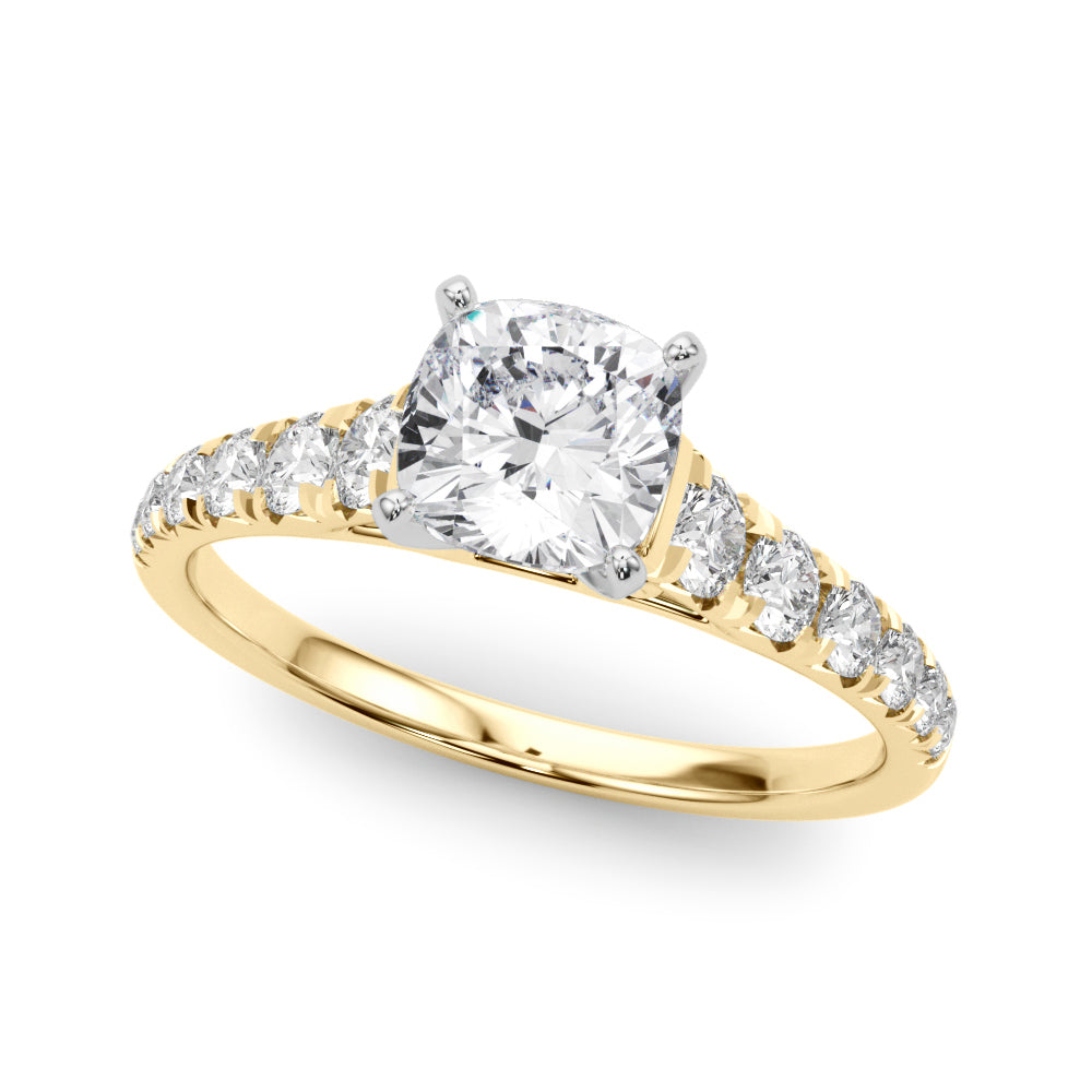 Yellow gold Cushion Cut Diamond Solitaire with Pave Band and Four-Prong Setting