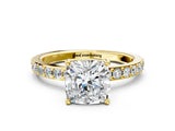 Yellow gold Cushion Cut Diamond Solitaire with Pave Band and Four-Prong Setting