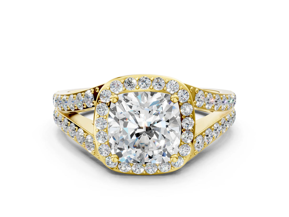 Yellow gold Cushion Cut Diamond Split Shank Halo Ring with Four-Prong Setting_69