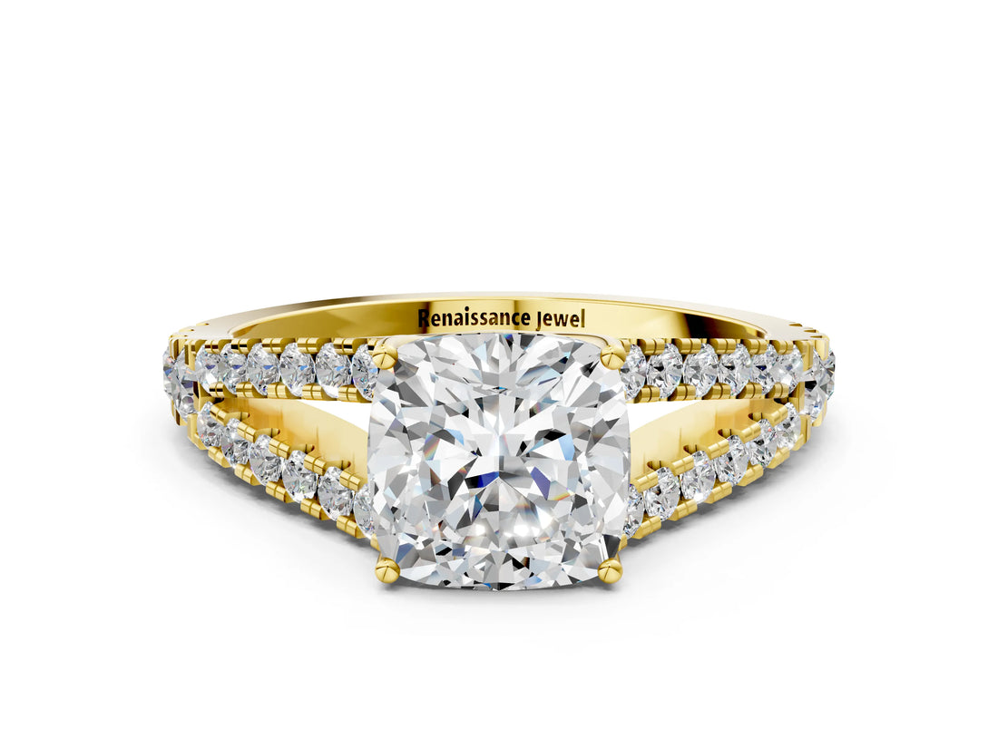 10K Yellow Gold 2.00 Carat F VS1 Cushion Diamond Split Shank Pavé Engagement Ring with Four-Prong Setting