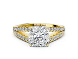 10K Yellow Gold 2.00 Carat F VS1 Cushion Diamond Split Shank Pavé Engagement Ring with Four-Prong Setting