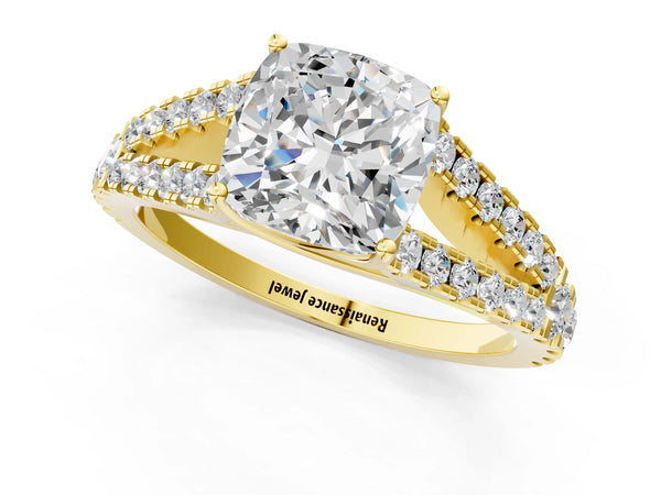 Yellow Gold Cushion Cut Solitaire Engagement Ring Setting with Graduated Pave Split Shank