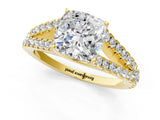 10K Yellow Gold 2.00 Carat F VS1 Cushion Diamond Split Shank Pavé Engagement Ring with Four-Prong Setting