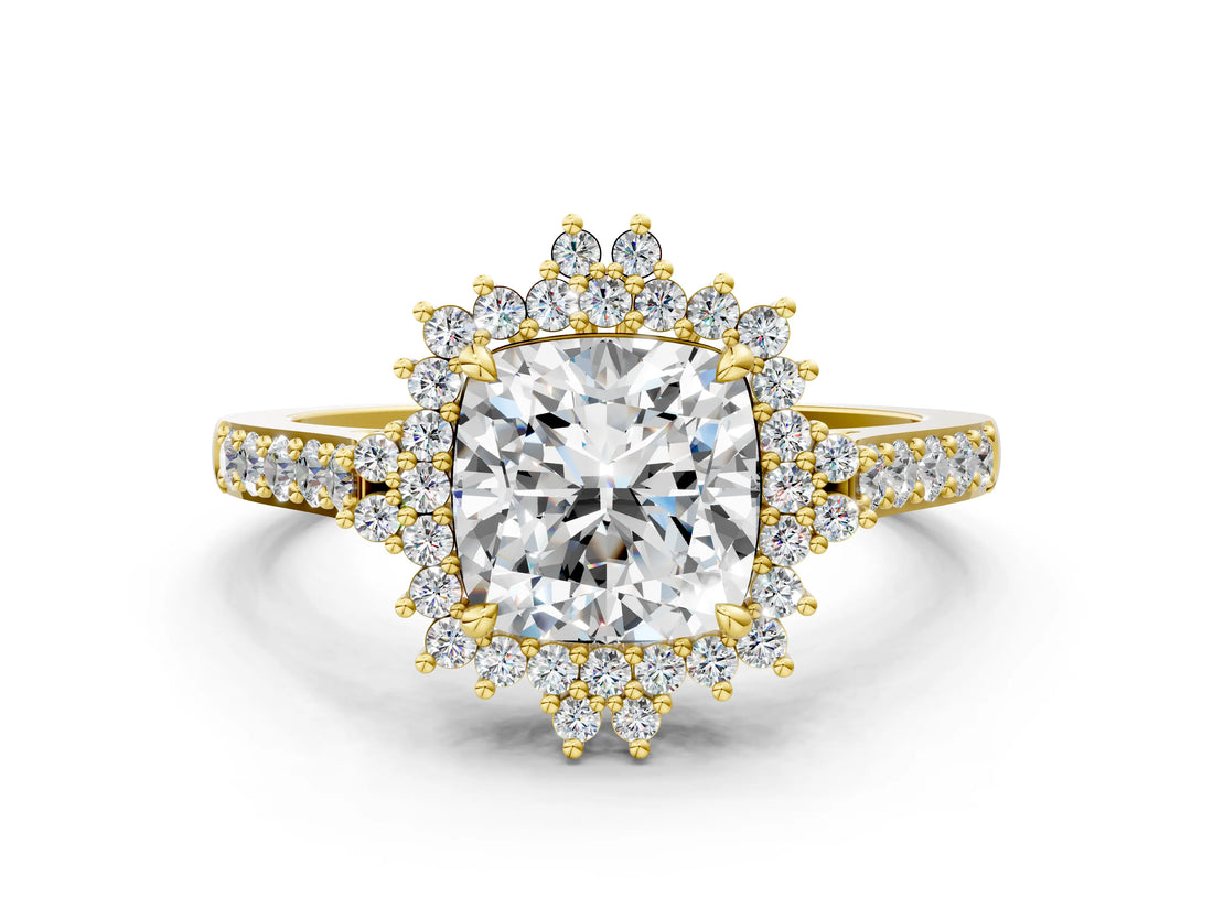 Yellow gold Cushion Cut Diamond Sunburst Halo Engagement Ring with Pavé Band_6