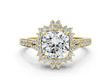 Yellow gold Cushion Cut Diamond Sunburst Halo Engagement Ring with Pavé Band_6