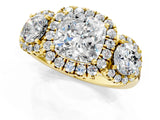 Yellow gold Cushion Cut Diamond Three-Stone Halo Ring with Prong Setting and Pavé Accents_10