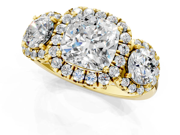 Yellow gold Cushion Cut Diamond Three-Stone Halo Ring with Prong Setting and Pavé Accents