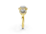Yellow gold Cushion Cut Diamond Three-Stone Halo Ring with Prong Setting and Pavé Accents_11
