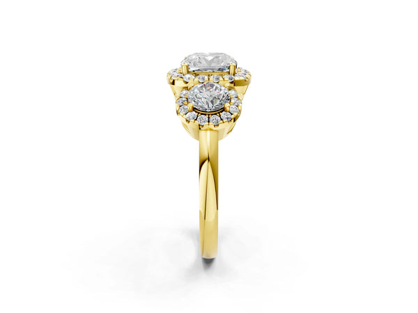 Yellow gold Cushion Cut Diamond Three-Stone Halo Ring with Prong Setting and Pavé Accents