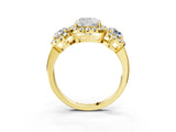Yellow gold Cushion Cut Diamond Three-Stone Halo Ring with Prong Setting and Pavé Accents_12