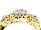 Yellow gold Cushion Cut Diamond Three-Stone Halo Ring with Prong Setting and Pavé Accents_13