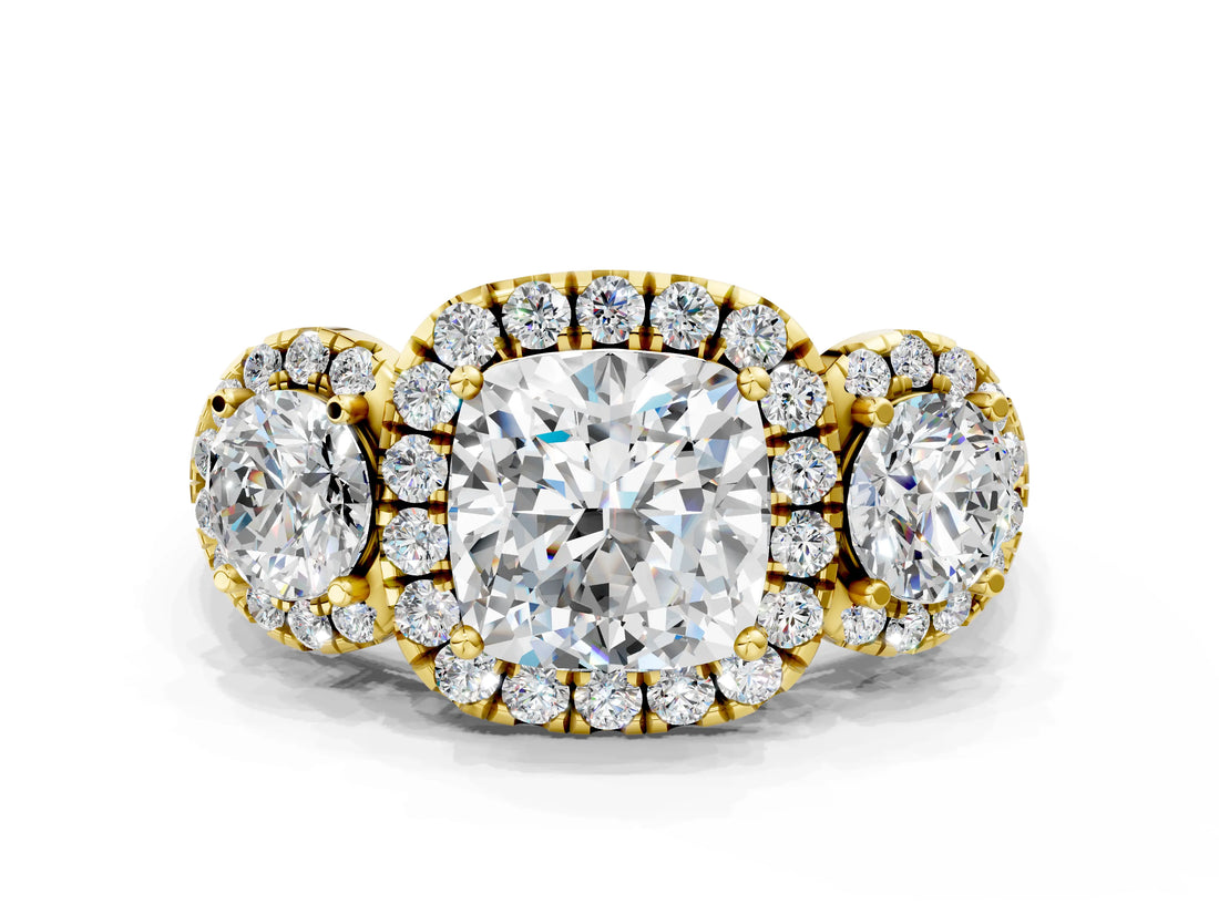 Yellow gold Cushion Cut Diamond Three-Stone Halo Ring with Prong Setting and Pavé Accents_9