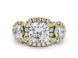 Yellow gold Cushion Cut Diamond Three-Stone Halo Ring with Prong Setting and Pavé Accents_9