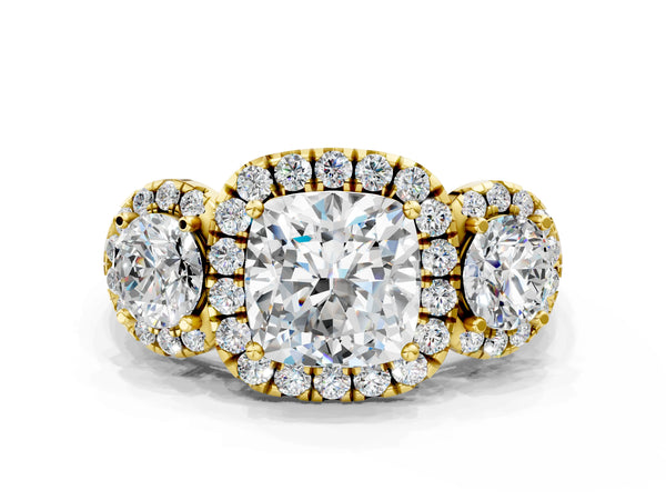 Yellow gold Cushion Cut Diamond Three-Stone Halo Ring with Prong Setting and Pavé Accents