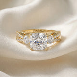 Yellow gold Cushion Cut Diamond Three-Stone Ring with Pavé Split Shank and Four-Prong Setting_89